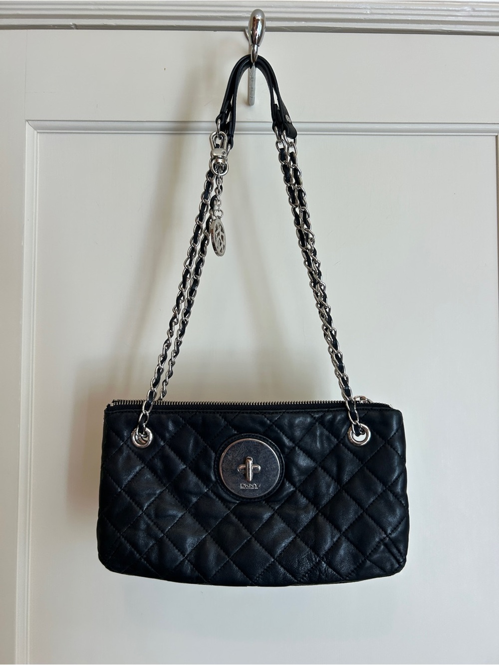 DKNY Black Quilted Leather Shoulder Bag with Silver Chain Straps